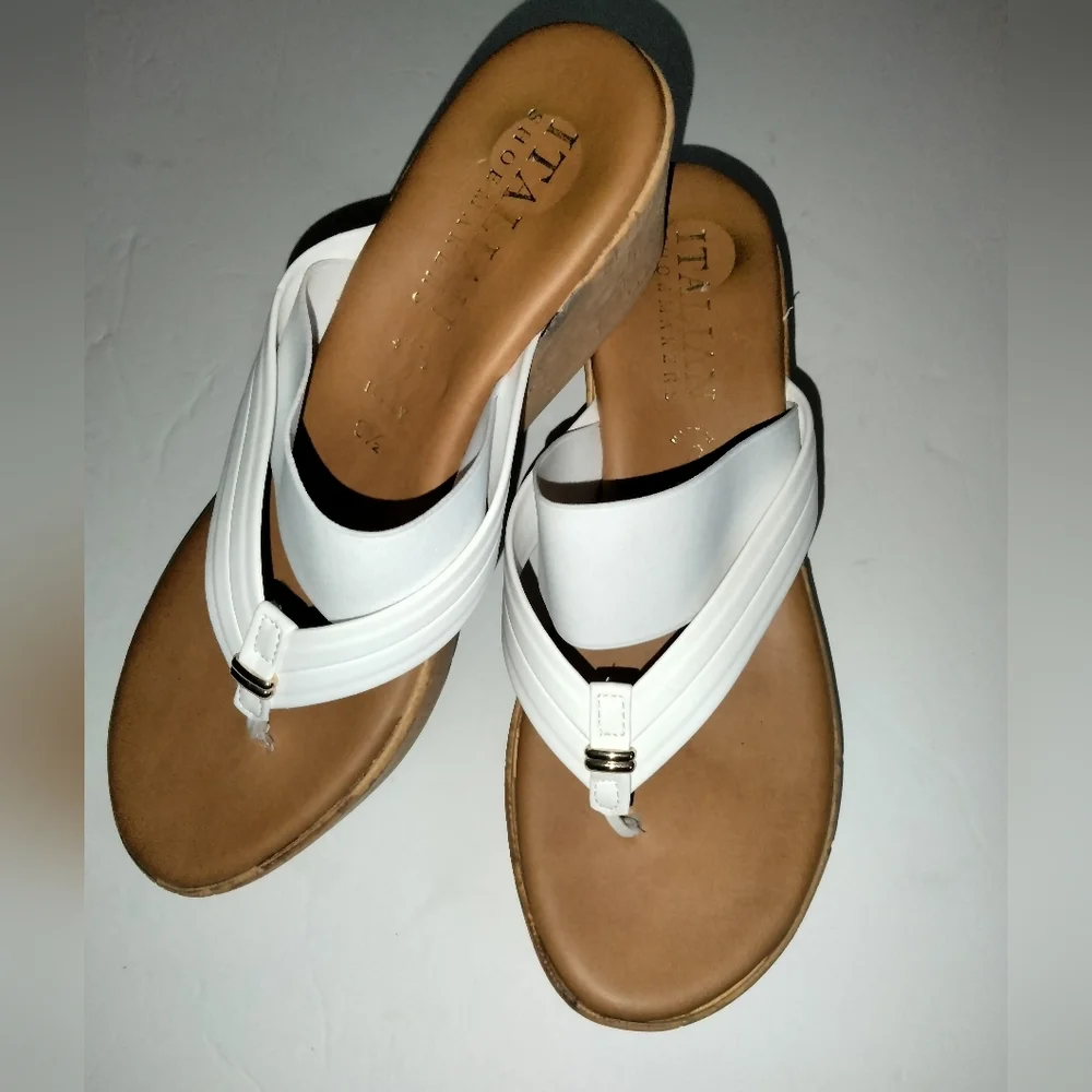 Italian Shoemakers (Size 9.5) White Stretch Strap Platform Wedge Thong Sandals
